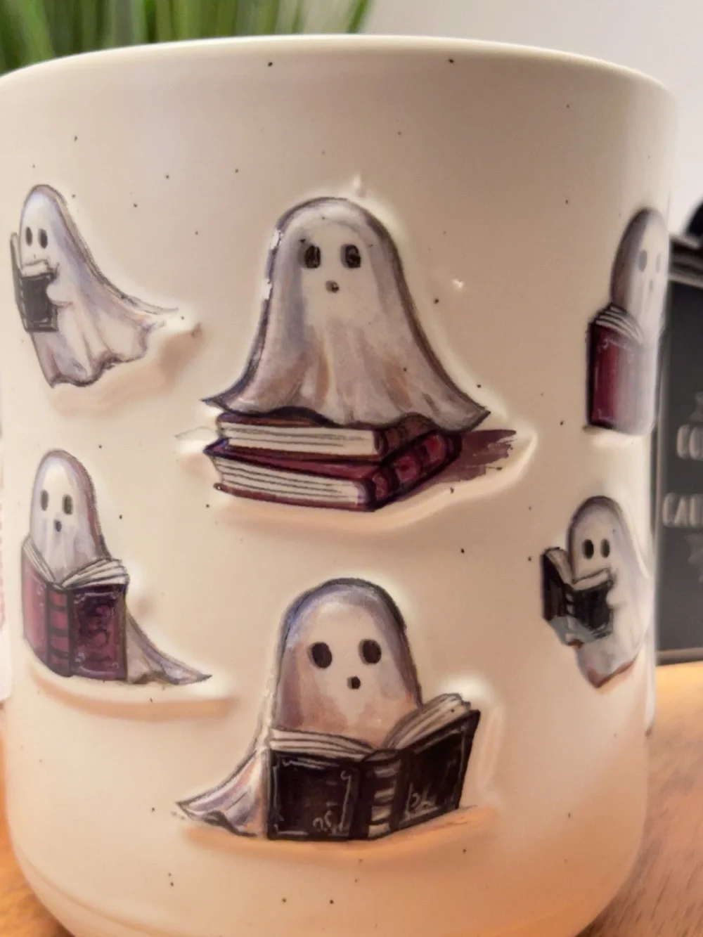 NWT Ghosts Reading Ceramic Mug - White with Black & Brown Accents